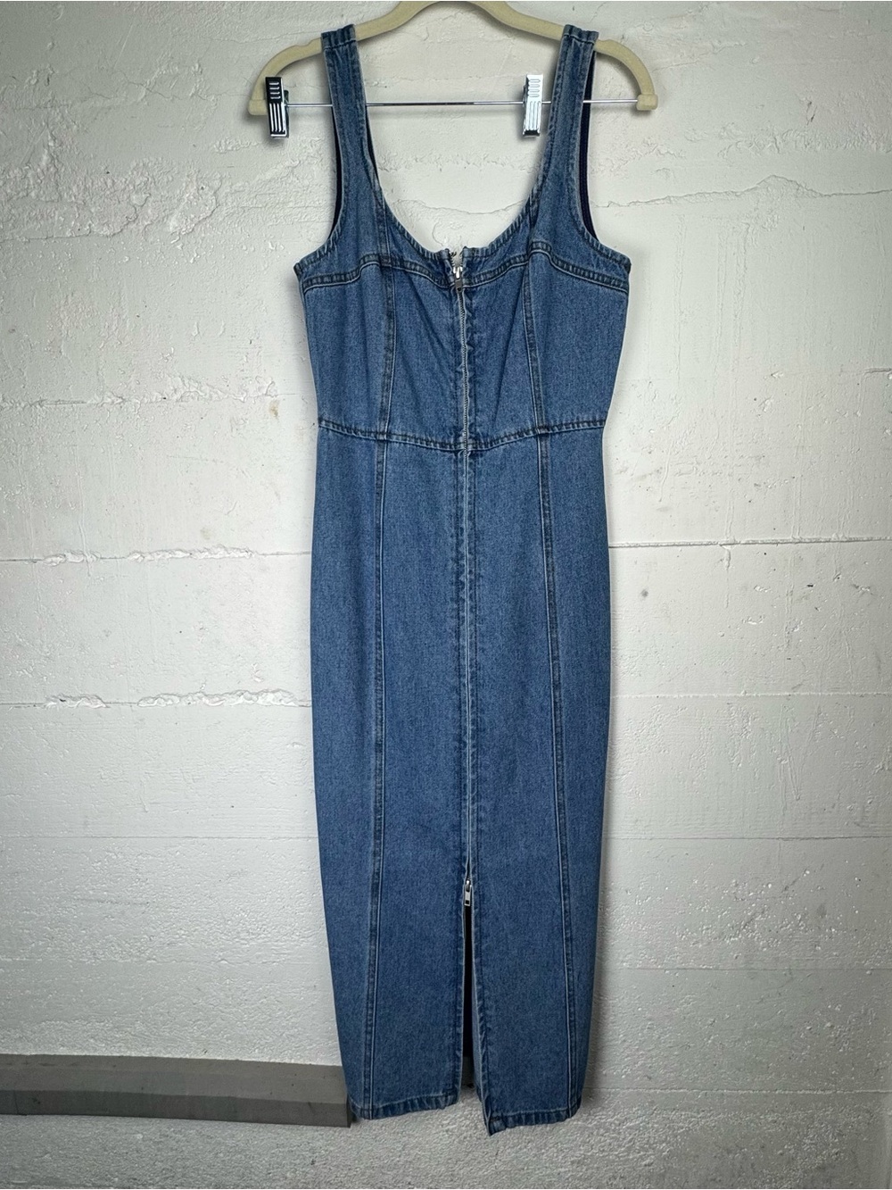 Classic Denim Midi Dress‎ S full Front Zip Bodycon Cotton Western Jean Western